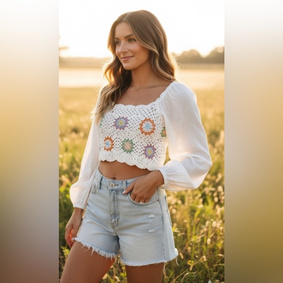 Aerie Tops - AERIE White Crochet Crop Boho Granny Balloon Sleeve Hippie Peasant Fairy Top XS